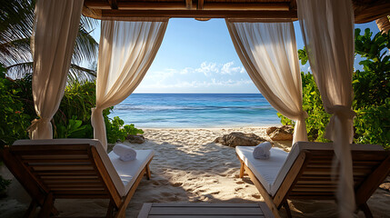 Romantic background with a private beach cabana, showcasing comfortable loungers, soft drapes, and a breath-taking seaside view