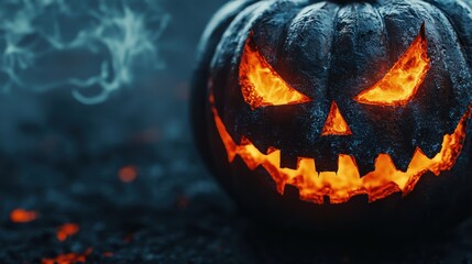 Fototapeta premium Pumpkin with glowing molten eyes, charred skin, smoke rising from cracks, close-up, dark horror, intense contrast, realistic textures