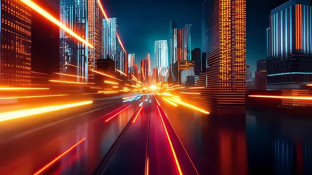 Futuristic cityscape at night with vibrant neon light trails, showcasing urban speed, technology, and fast-paced movement through skyscrapers.

