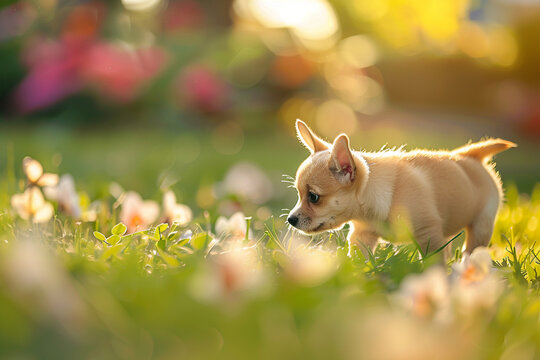 A Small Dog Playing on the Grass in a Flat Design Style &ndash; Blurred Flowers in the Foreground Representing the Calming Effect of Nature and Pets, Perfect for Pet Lovers