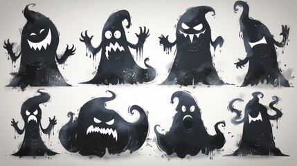 Design black silhouette illustrations of spooky Halloween Slimer (from Ghostbusters) in various activities ,with bold lines and simple design, placed on a white background 