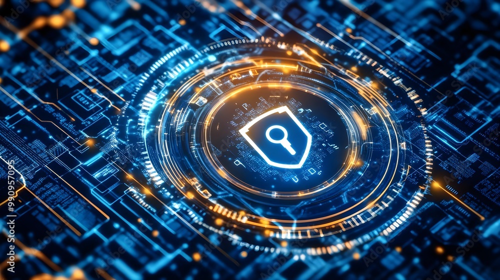 Poster digital security concept with cybersecurity lock in futuristic design.