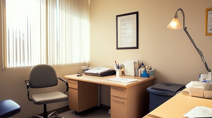 Serene Empty Doctor's Office with Clean Desk, Neatly Arranged Medical Instruments, and Empty Chair, Reflecting a Calm Healthcare Ambiance
