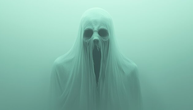 Ghost with twisted, elongated face, glowing in pale green light, close-up, surreal horror, misty background, eerie shadows