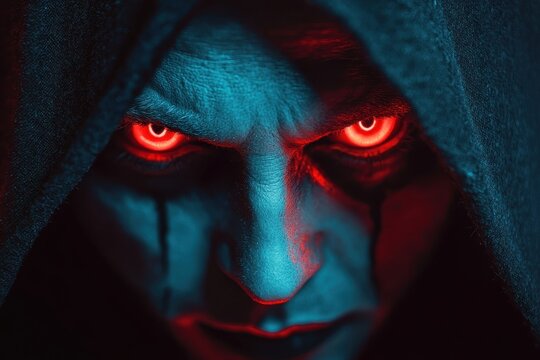 Elegant vampire in a black cloak, glowing red eyes and fangs exposed, close-up, Halloween night, sharp details, mysterious vibe