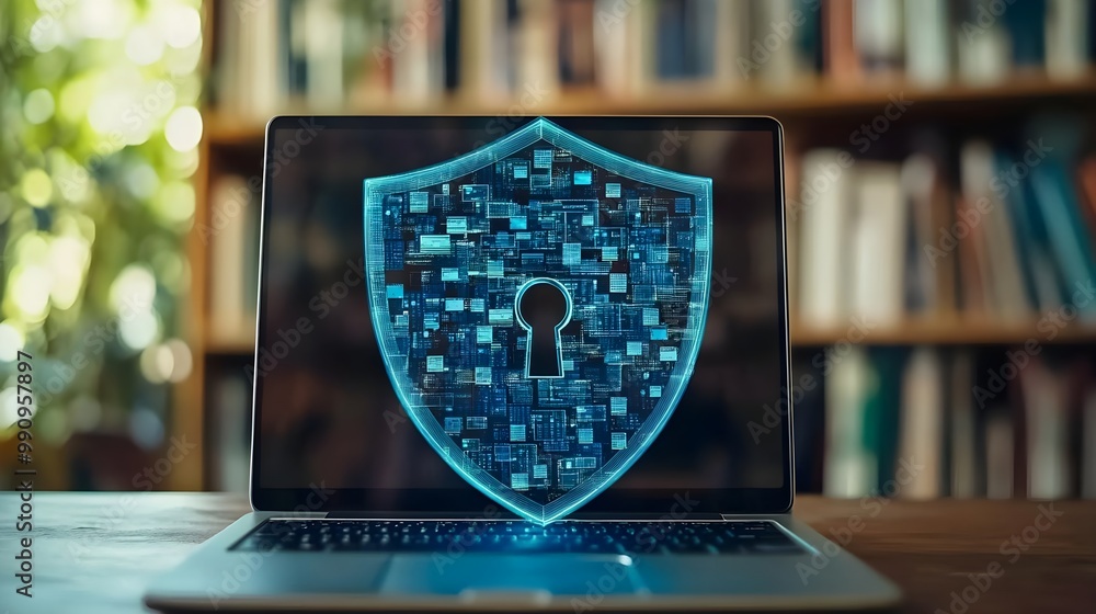 Poster digital security shield on laptop screen in a library setting.