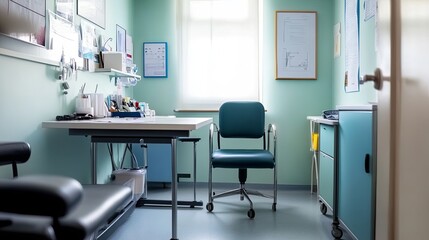 Serene Empty Doctor's Office with Clean Desk, Neatly Arranged Medical Instruments, and Empty Chair, Reflecting a Calm Healthcare Ambiance