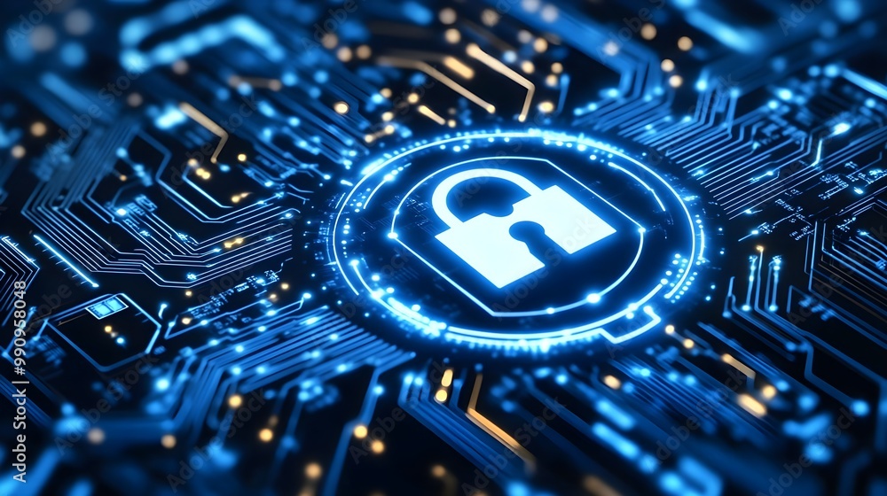 Aufkleber digital security symbol with a glowing lock on a circuit board background.