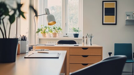 Serene Doctor's Office Interior with a Clean Desk, Empty Chair, and Organized Medical Equipment Reflecting a Calm Healthcare Atmosphere. Medical Consultation Room Ambiance.