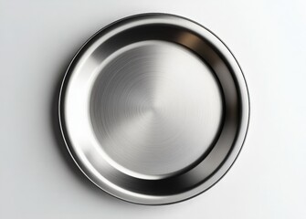 Aerial view of a sleek, polished stainless steel plate with modern design