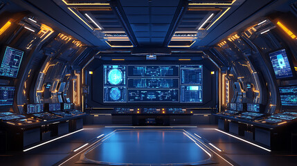 Glamorous background with an advanced space mission control centre, including large screens displaying spacecraft trajectories