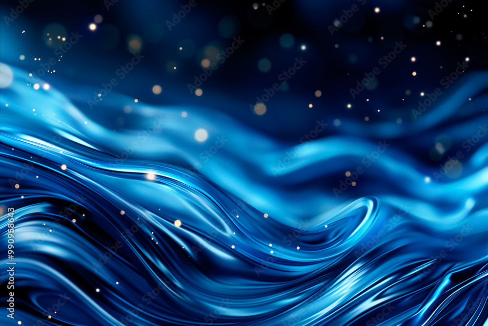 Poster this artistic background features smooth, flowing blue waves interspersed with sparkling light parti