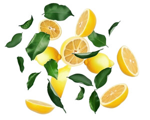 Obraz premium A vibrant arrangement of lemons and leaves, showcasing freshness and natural beauty.