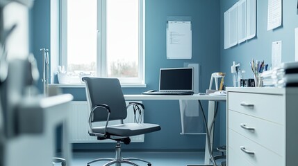 Serene Empty Doctor's Office with Clean Desk, Neatly Arranged Medical Instruments, and Empty Chair, Reflecting a Calm Healthcare Ambiance