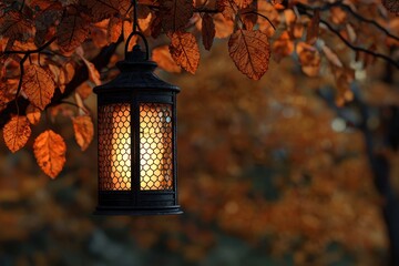 Old haunted lantern hanging from a tree branch, glowing softly, surrounded by autumn leaves, close-up, eerie and warm, soft shadows, closes up