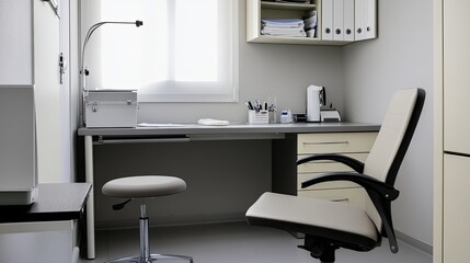 Serene Doctor's Office Interior with a Clean Desk, Empty Chair, and Organized Medical Equipment Reflecting a Calm Healthcare Atmosphere. Medical Consultation Room Ambiance.