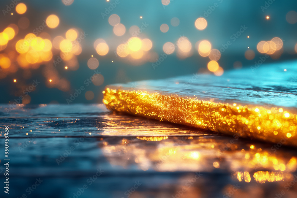 Poster a shimmering golden surface reflects soft light against a backdrop with sparkling bokeh. the calm am