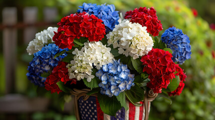 Patriotic floral arrangement with hydrangea in colors of American flag - red, blue, white. 4th of July table centerpiece, outdoor home decoration