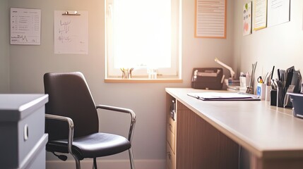 Serene Empty Doctor's Office with Clean Desk, Neatly Arranged Medical Instruments, and Empty Chair, Reflecting a Calm Healthcare Ambiance