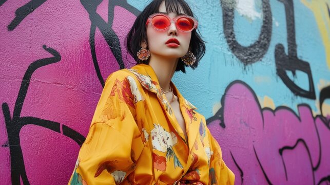 A fashion portrait of a model in a bold Japanese street style outfit, posed against a vibrant, graffiti-covered wall