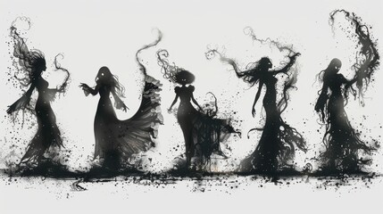 Design black silhouette illustrations of spooky Halloween The Phantom of the Opera in various activities ,with bold lines and simple design, placed on a white background 