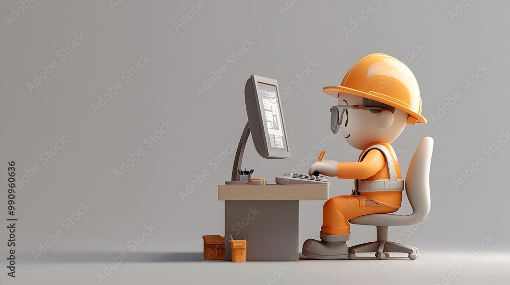Poster hardworking engineer focused on computer at desk with construction helmet