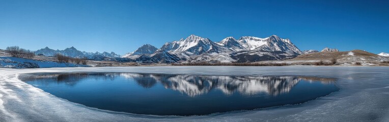 Snow-capped mountains reflect in a serene frozen lake under a clear blue sky during winter in a remote alpine region