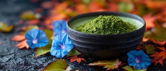 A bowl of green powder surrounded by colorful leaves and flowers, suggesting natural ingredients.
