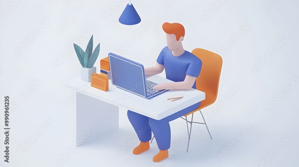 Poster man using laptop at desk in minimalist digital workspace