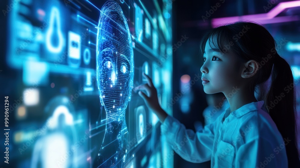 Poster a futuristic visualization of ai in education, showing students interacting with ai-powered educatio