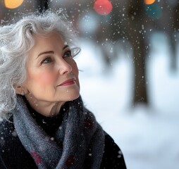 Elderly woman enjoying snowfall on a winter day