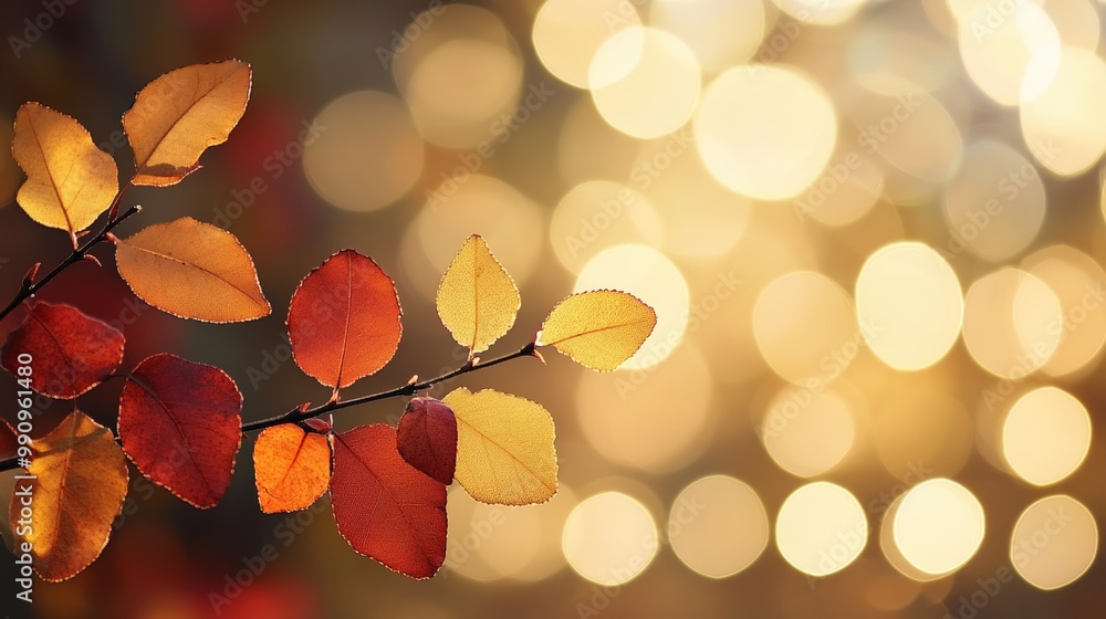 Poster branch of autumn leaves illuminated by warm golden hour light, creating a bokeh background of soft c