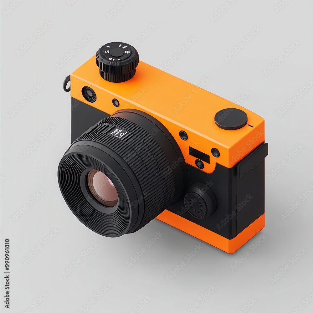 Poster a stylized camera design featuring an orange and black color scheme.