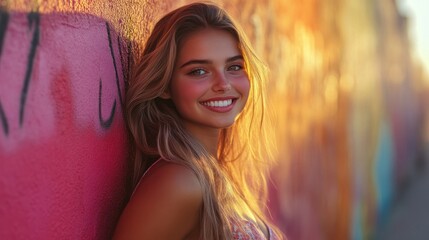 Fototapeta premium A girl with a cute smile and sexy allure, dressed in a trendy mini dress, leaning against a vibrant city wall at sunset