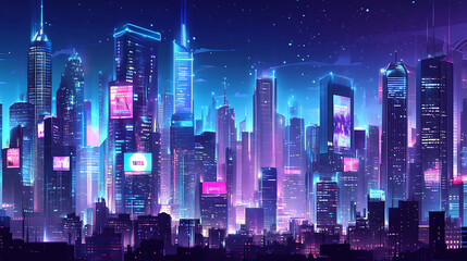 Obraz premium Glamorous background with an AI-designed futuristic cityscape, featuring towering skyscrapers, digital billboards, and a neon-lit skyline