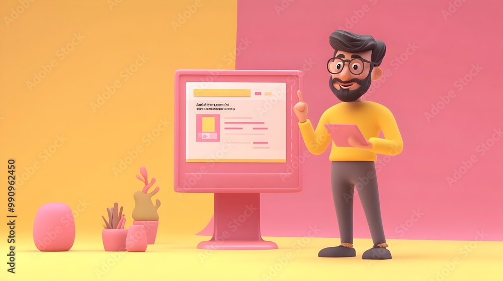 Poster cartoon man in colorful office setting presenting on computer monitor