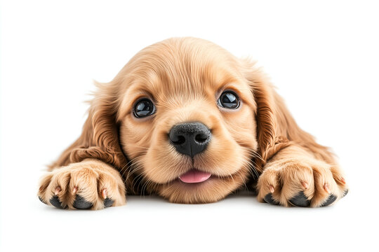funny cocker spaniel dog puppy showing his tongue isolated on white background