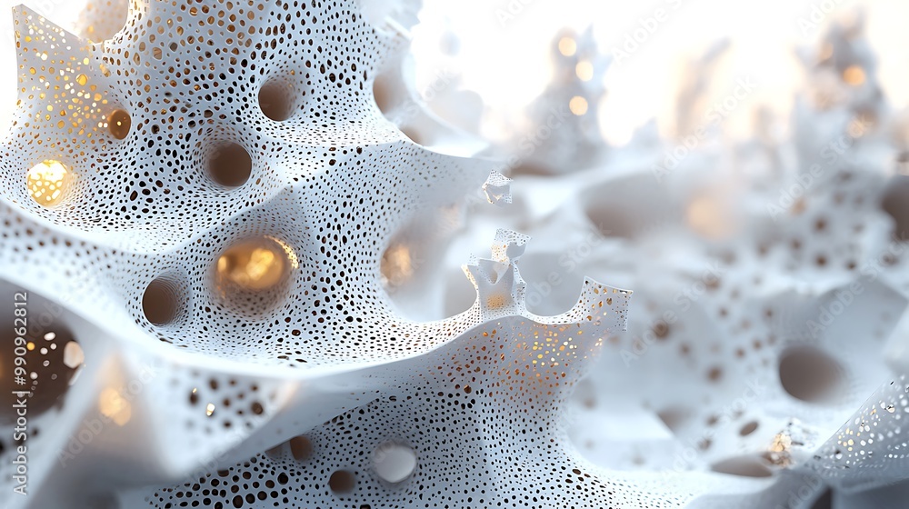 Poster an abstract 3d mesh with golden light seeping through its holes feels alive in its complexity.
