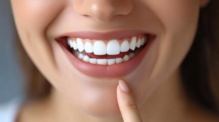 Obraz premium Close-Up of Woman Pointing to Her Perfect Teeth
