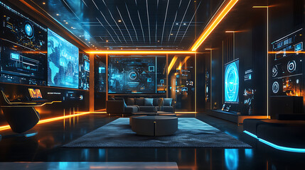 Naklejka premium Glamorous background with a luxury AI-powered smart home, featuring voice-activated devices, ambient lighting, and futuristic design elements