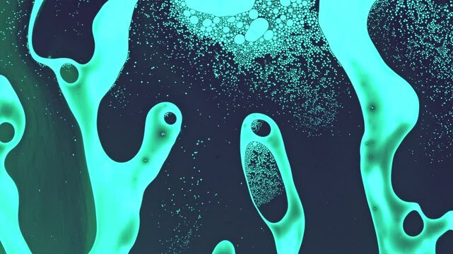 Abstract neon green bubbles and fluid shapes on a dark background. The image has a vibrant, glowing aesthetic, resembling chemical or biological structures