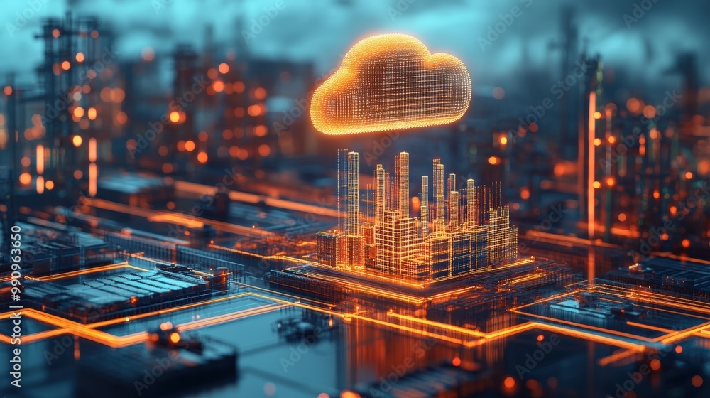 Poster cloud computing over futuristic cityscape with illuminated buildings and circuitry