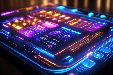 A futuristic, glowing digital interface with various interactive elements.