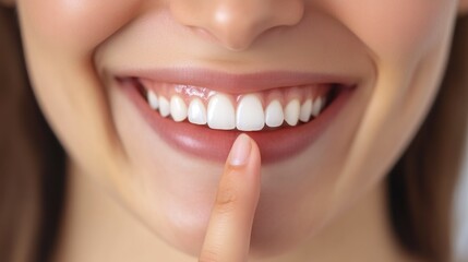 Obraz premium Portrait of Woman Pointing at Her Bright Smile