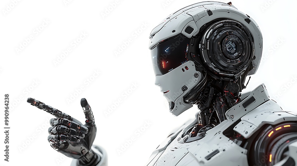 Aufkleber a futuristic robot points ahead, embodying the intelligence and precision of android technology.