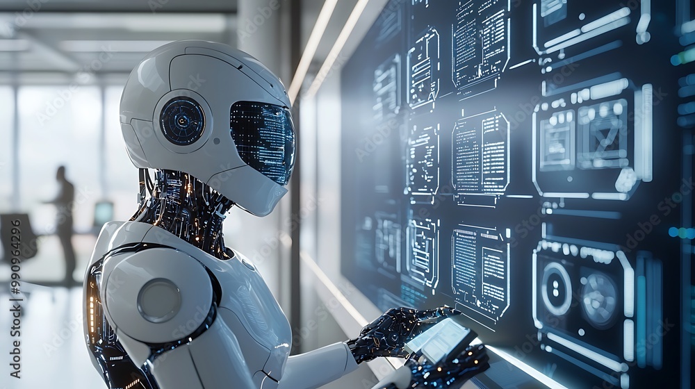 Aufkleber a sleek robot interacts with a digital interface in a modern office, seamlessly bridging the gap bet