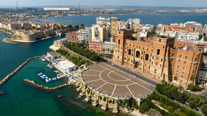 Aerial view of the Government Palace in Taranto, Puglia, Italy. It is the seat of the Prefecture and the provincial administration. The building overlooks the seafront and Marinai d'Italia roundabout.