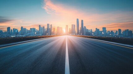 Empty Road Leading Towards a City Skyline at Sunset, Conceptualizing Progress and Digital Transformation