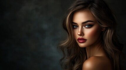Fototapeta premium A glamour portrait of a woman with flawless makeup and styled hair, posed elegantly against a dark, moody background