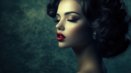 Obraz premium A glamour portrait of a woman with flawless makeup and styled hair, posed elegantly against a dark, moody background
